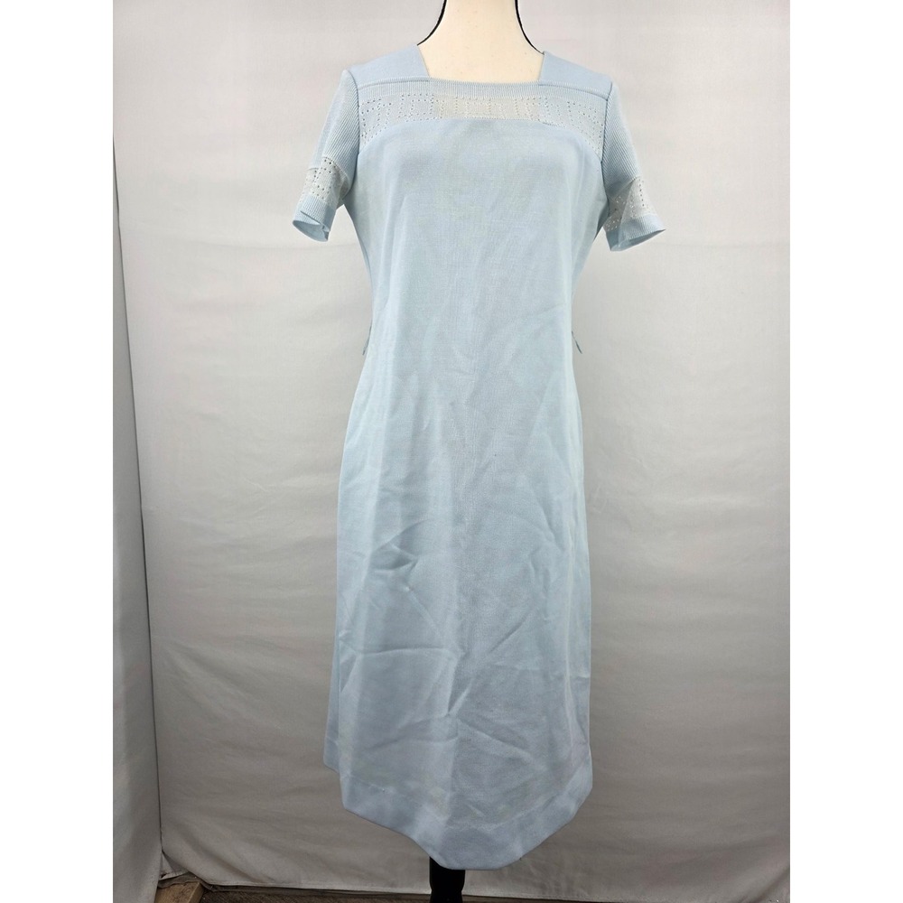 Vintage Bleeker Street Light Blue Knit Midi Dress ILGWU Crochet Yoke Size 14
